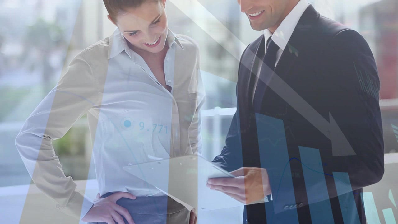 Business Professionals Discussing Data with Animated Graphs Overlay