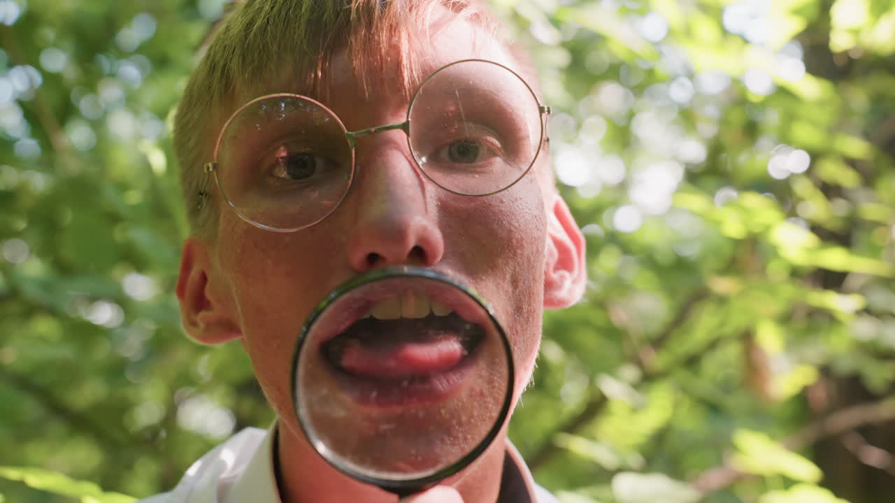 Portrait view of young botany student in white coat holding microscope while bringing out tongue, showing playful scientific expression with mix of curiosity in natural setting