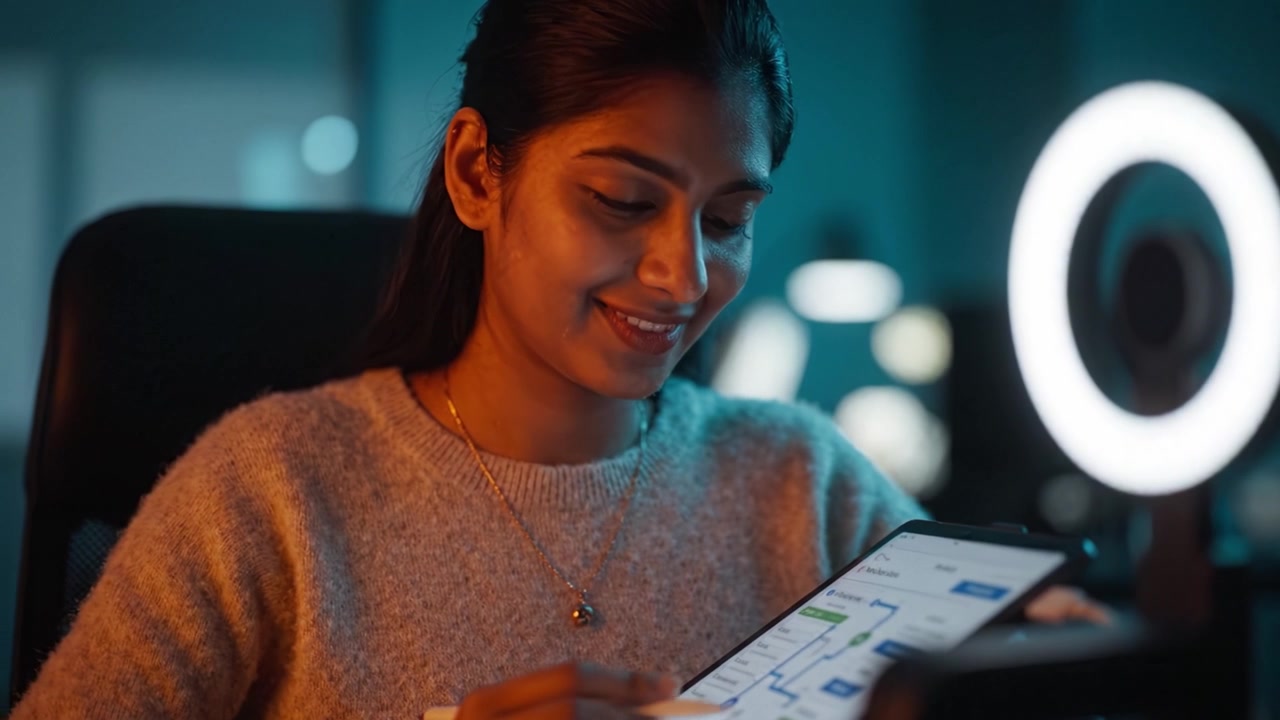 Focused Young Woman Engaged in Digital Work, Using a Tablet with a Stylus and a Ring Light, Conveying Creativity and Concentration in a Dimly Lit Environment
