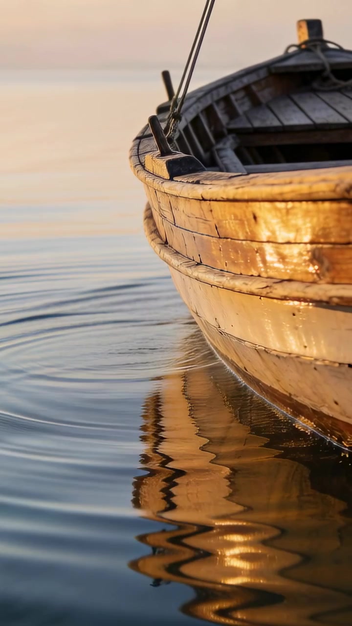 Video verticale: Increspature dello scafo che si formano, prua di una barca a remi che ondeggia con una bitta che riflette un bagliore dorato sul lago.