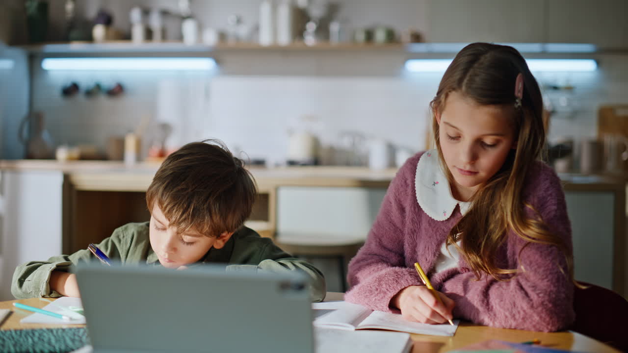 Primer plano de alumnos atentos estudiando en una clase virtual y tomando apuntes en casa en la cocina