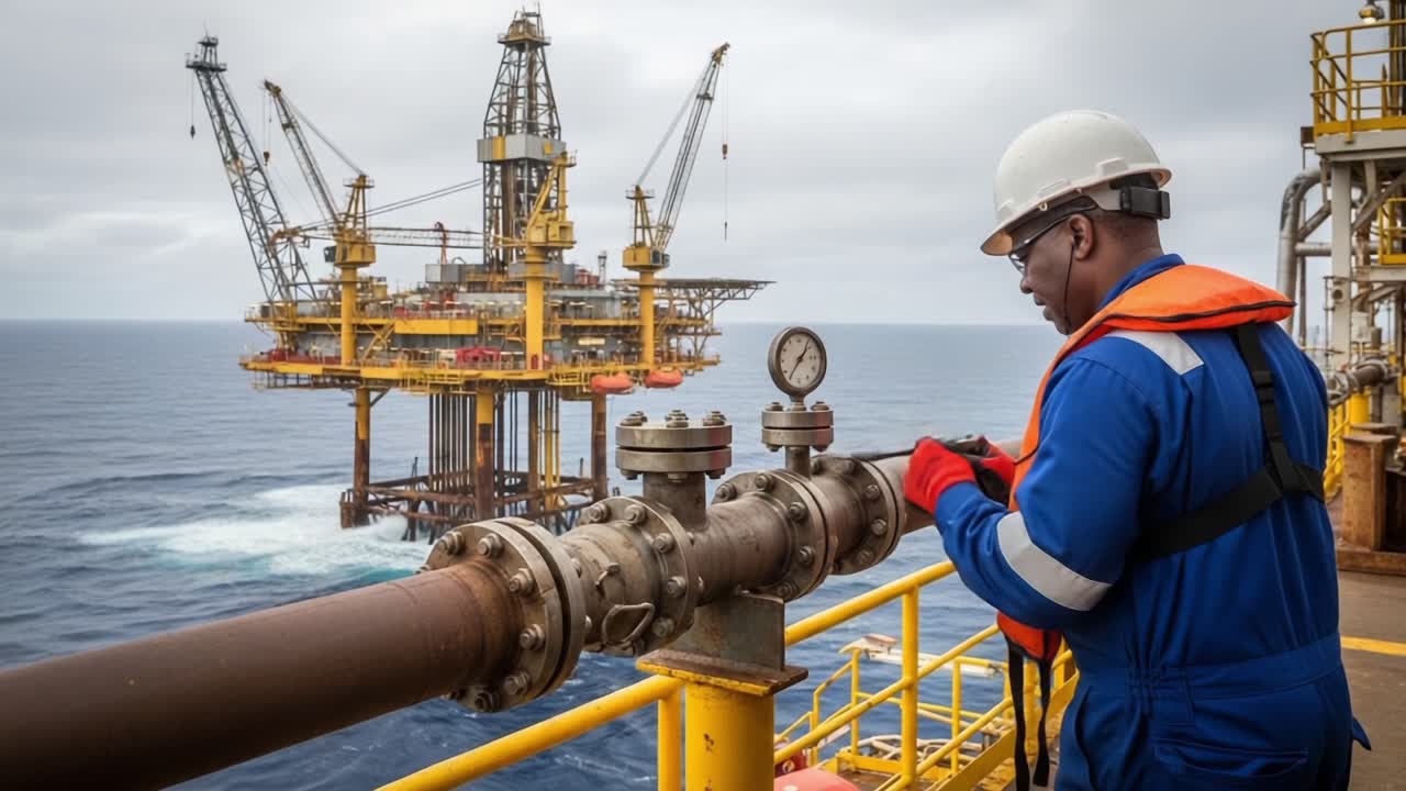 An Offshore Worker Monitors Equipment Pressure on a Platform Amidst the Open Sea, Ensuring Safety and Efficiency in Oil Extraction Processes