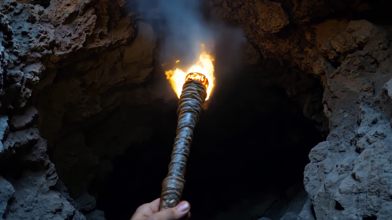 A person holding a torch in front of a cave