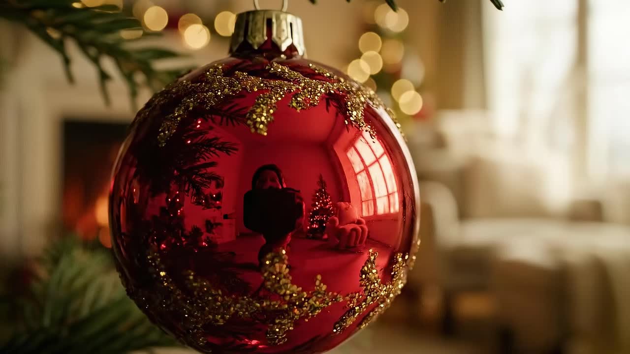 Primo piano di una decorazione natalizia rossa che riflette un ambiente accogliente, ripresa ad altezza occhi, in stile video