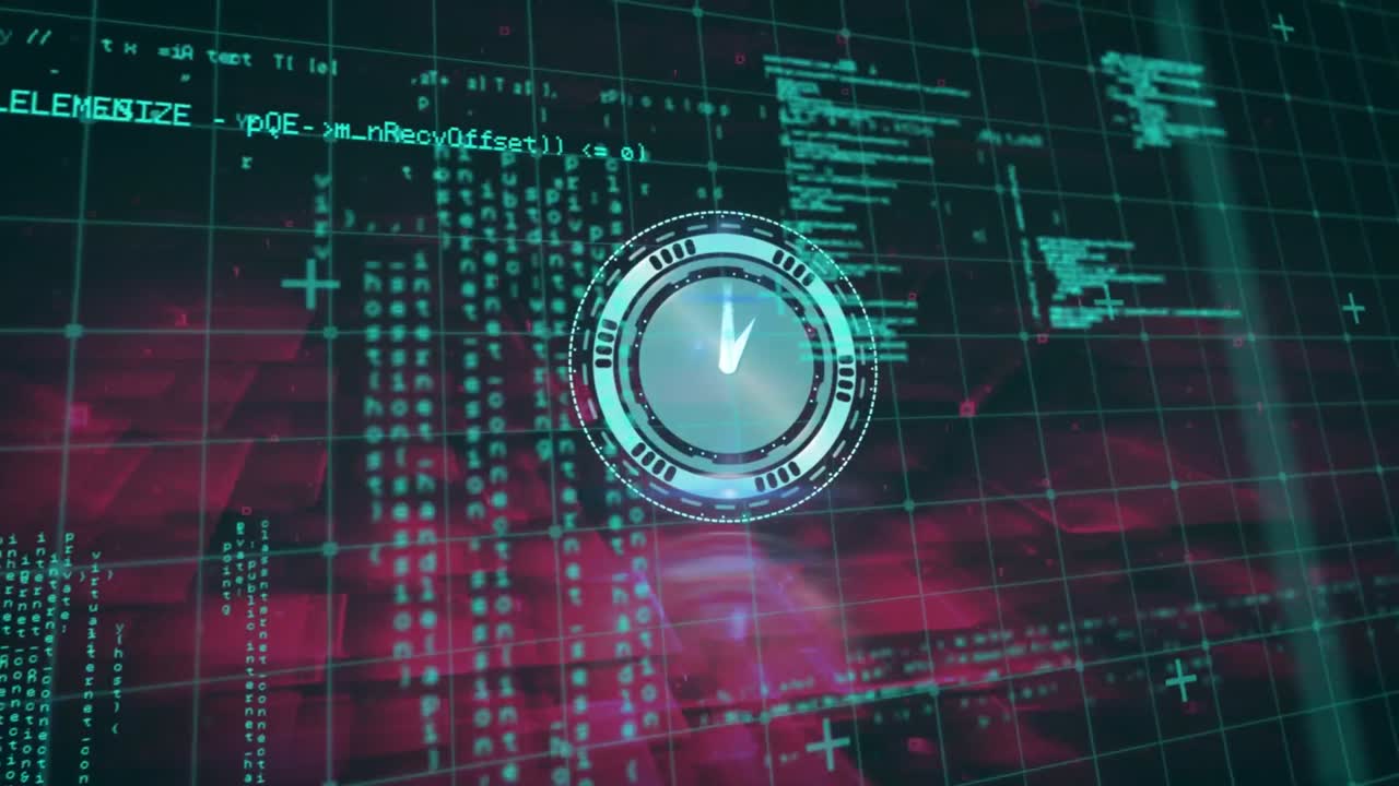 Digital animation of digital clock ticking against data processing on pink background