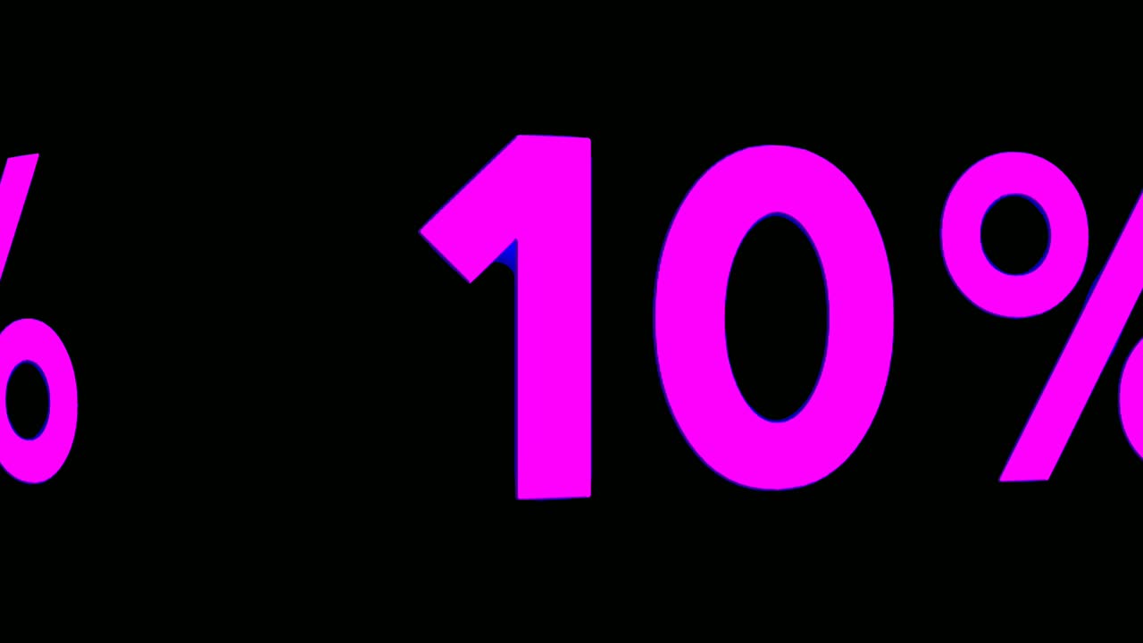 Simbolo numerico al neon del 10% animazione moderna su sfondo nero, luminoso e brillante per elementi video e concept aziendali