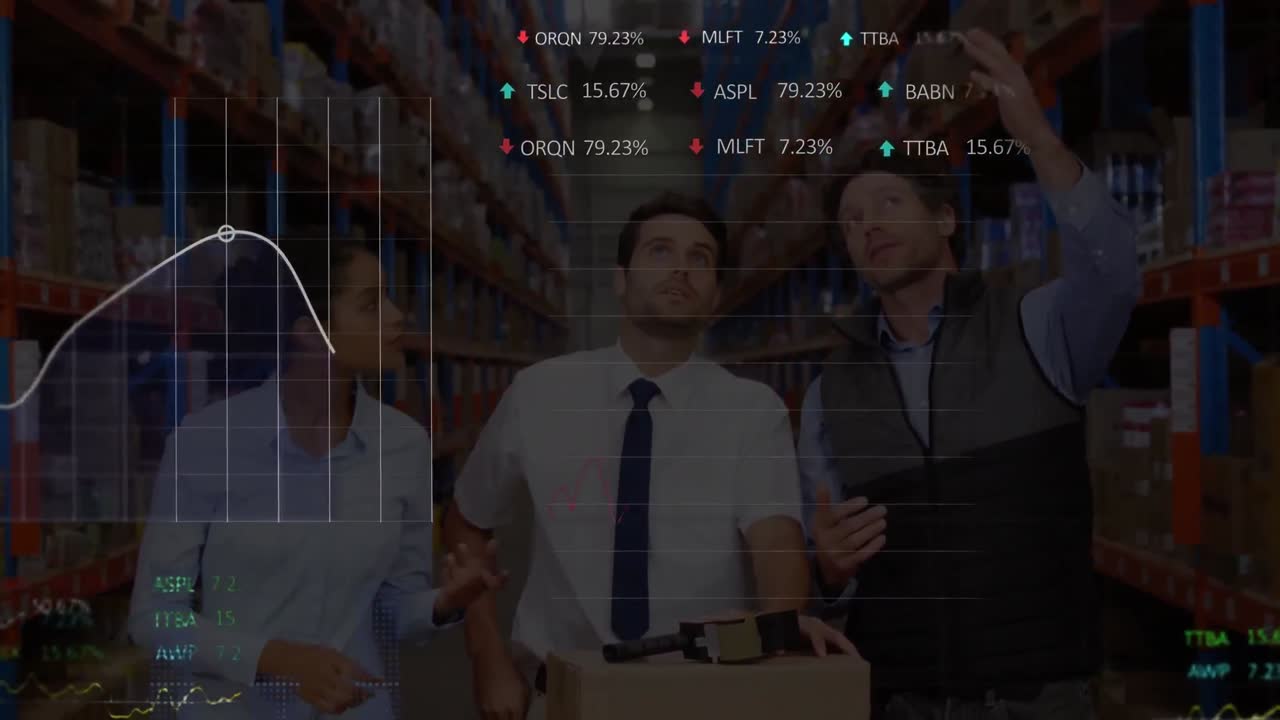 Animation of financial data processing over male and female supervisors discussing at warehouse