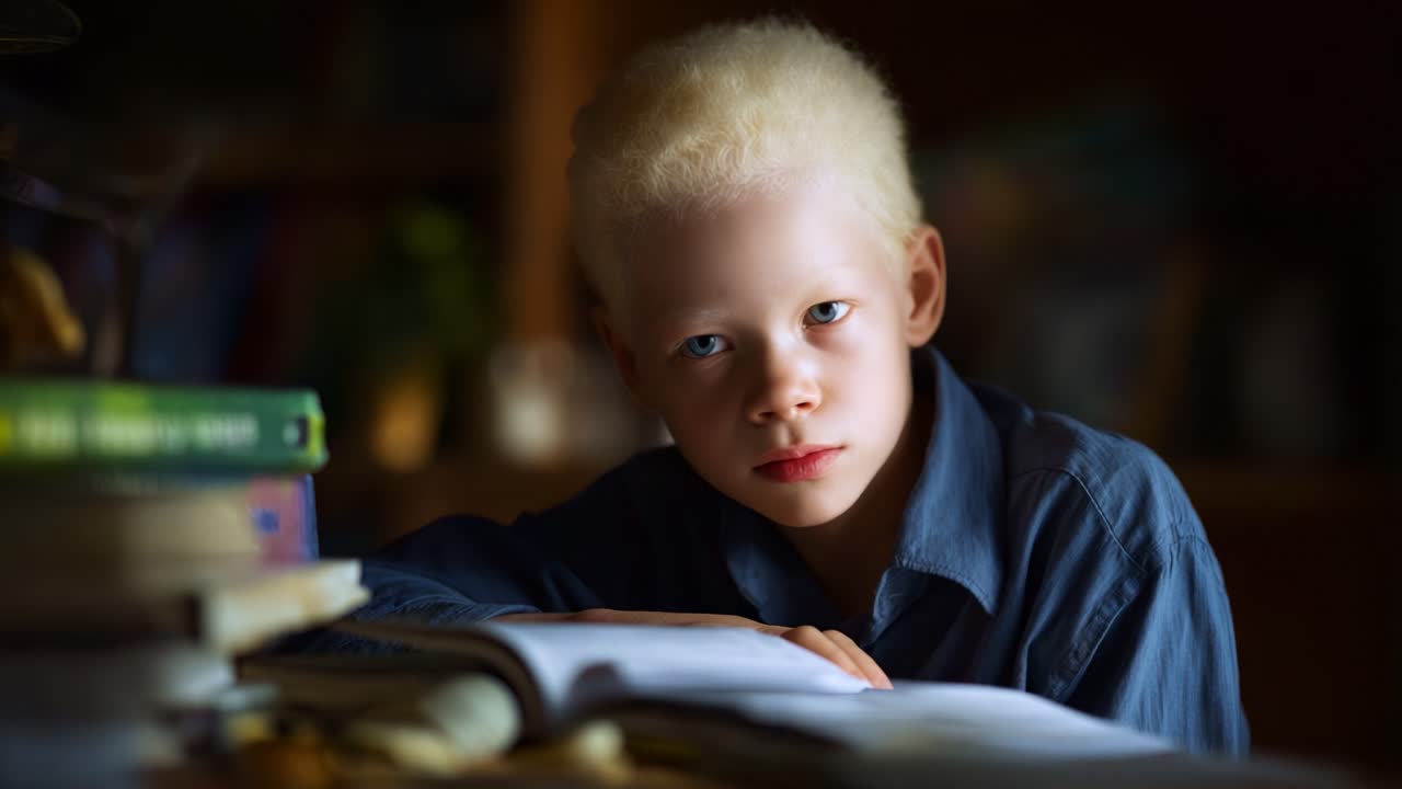 Un giovane pensieroso con i capelli chiari guarda assorto mentre si appoggia a un libro aperto in una stanza calda e con luci soffuse, piena di libri e conoscenza