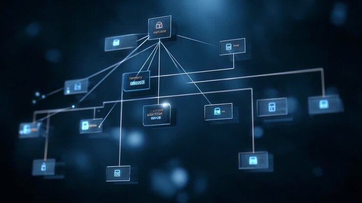 Udforsk dynamikken i en sikker netværksarkitektur med visuelle knude, der repræsenterer dataflow og konnektivitet i en digital interface-struktur