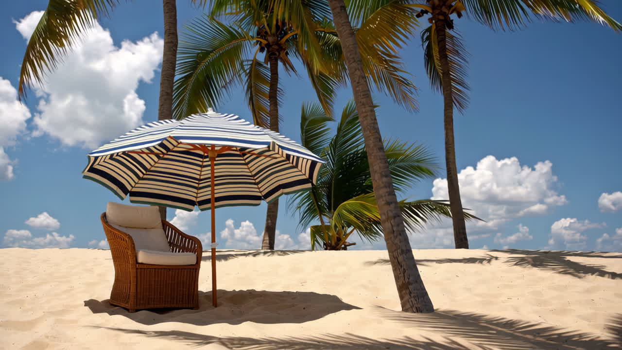 A serene beach scene with a striped umbrella and wicker chair under palm trees