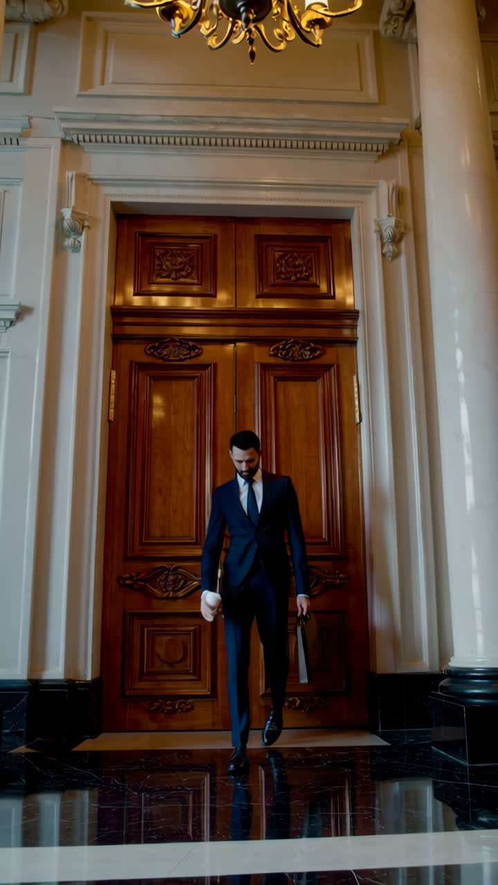 A businessman walks through an elegant and luxurious building hallway