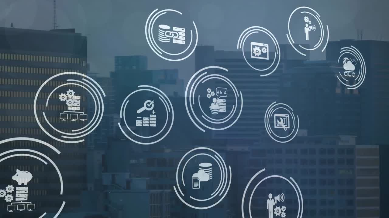 Animation of spots of light and digital icons against aerial view of cityscape