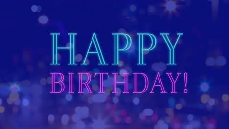 animación de feliz cumpleaños neón pancarta de texto contra el tráfico nocturno de la ciudad.