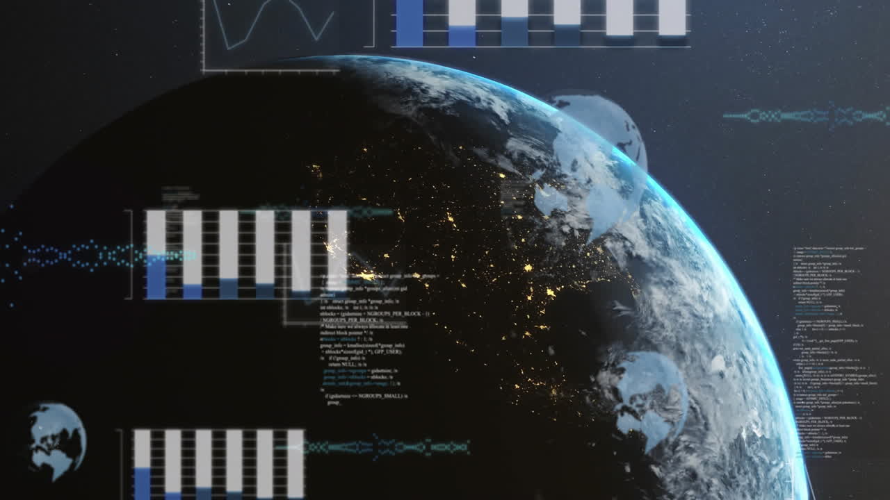 Animation of Earth with data charts overlaying continents in space view