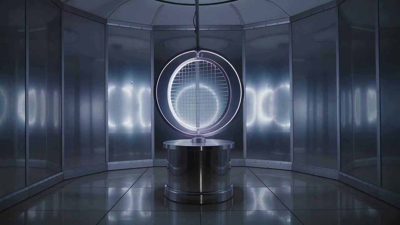 Rotating lit ring revealing inner lattice while tilting above metal stand in metal lab when powered