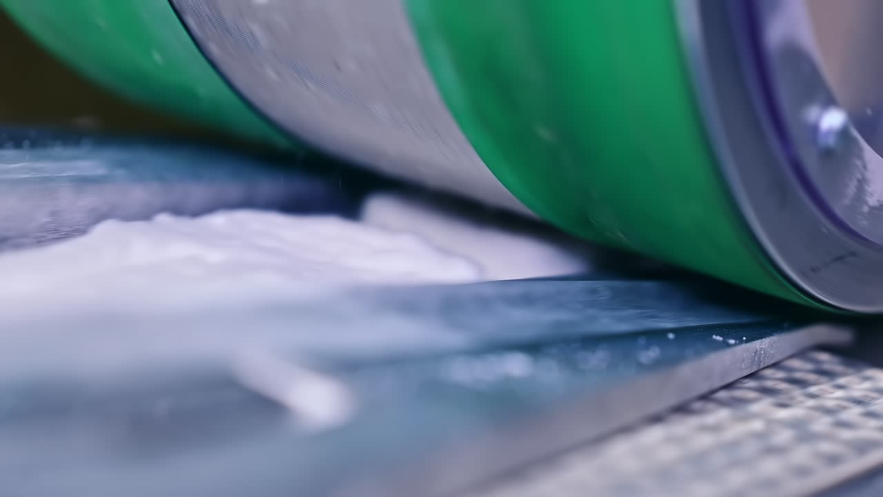 Huge heavy green shaft rotating slowly over the conveyor. Diaper production enterprise in blur. Close up.