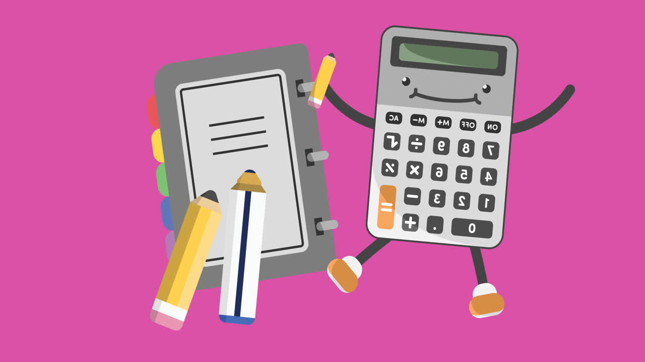 animación de los iconos de los artículos escolares que se mueven sobre un fondo rosa