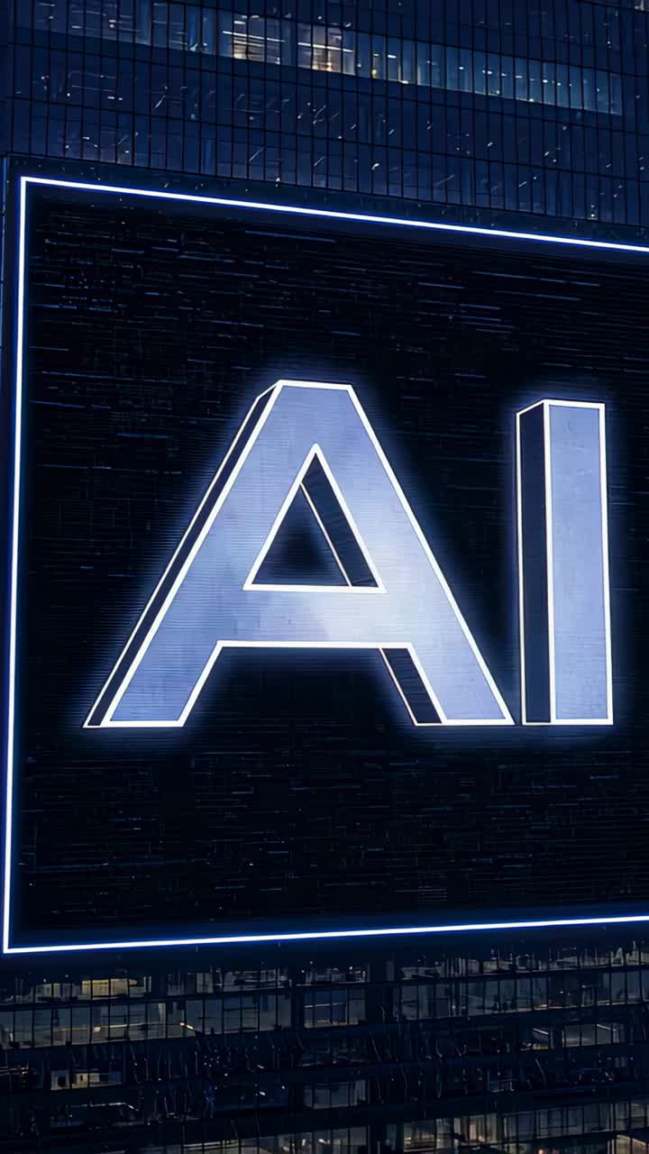 Vertical video: Signal sending AI sign lighting on urban facade during rain to attract attention