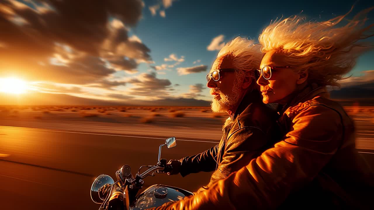 An Adventurous Journey: A Vibrant Sunset Ride on a Motorcycle, Capturing the Joy and Freedom of Life, with Wind-Whipped Hair and Unforgettable Memories