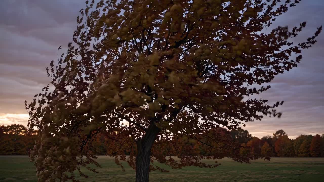 A dynamic video capturing a tree swaying in the wind at sunset. Shot from a low angle