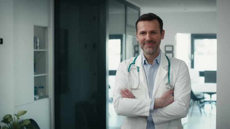 Portrait of smiling caucasian male doctor in the waiting room