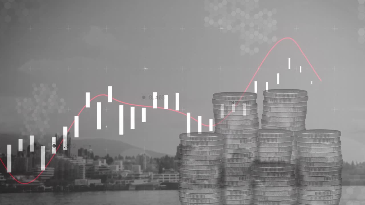 도시 풍경 위의 데이터 처리 및 동전의 애니메이션