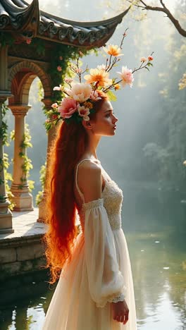 woman in a floral crown, by a serene lake