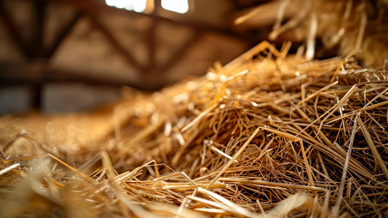 Straw pile inside a rustic barn. A large mound of straw fills the interior of a rustic barn, illuminated by soft sunlight filtering through windows