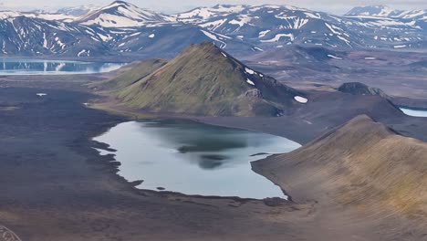 icelandic lake in highlands of iceland. snowy mountain peaks in background. sunny day at daylight. aerial wide shot. river delta floating