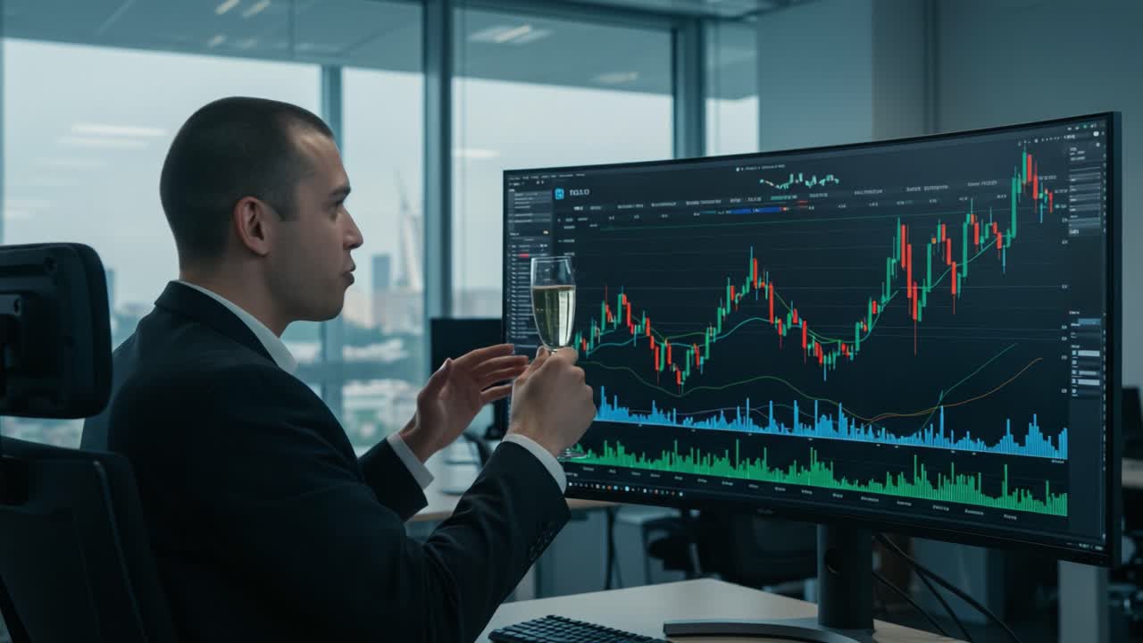 Celebrating Financial Success: A Businessman Toasts with Champagne in Front of a Rising Stock Market Chart, Signifying Achievement and Prosperity in Trading