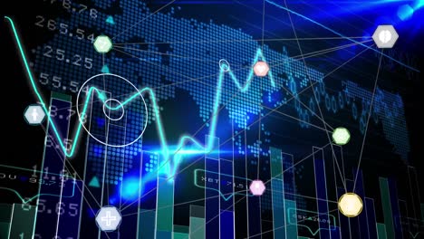 Animación-Del-Procesamiento-De-Datos-Financieros-Con-Iconos-Y-Mapa-Mundial-Sobre-Fondo-Negro