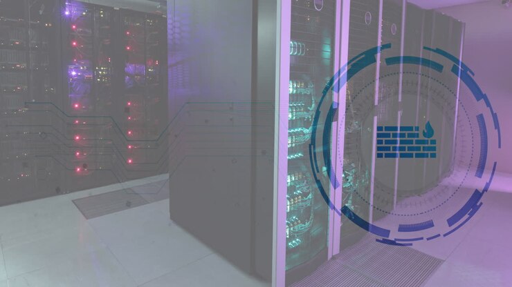 Animation of firewall icon in loading circles over illuminated server racks in server room