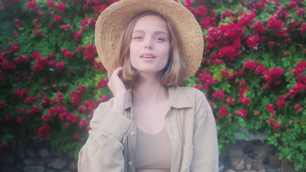 꽃이 피는 장미 덤불의 배경에  모자를 입은 우아한 금발 젊은 여성