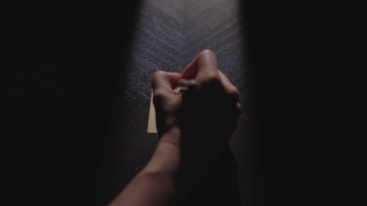 Slow motion close up footage of a hand writing out "Dog Food" on a paper note and placing it on a table. Shot in dramatic lighting for an impressive title or transition