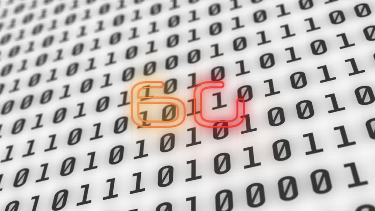 animación de texto brillante de neón de 6g sobre codificación binaria