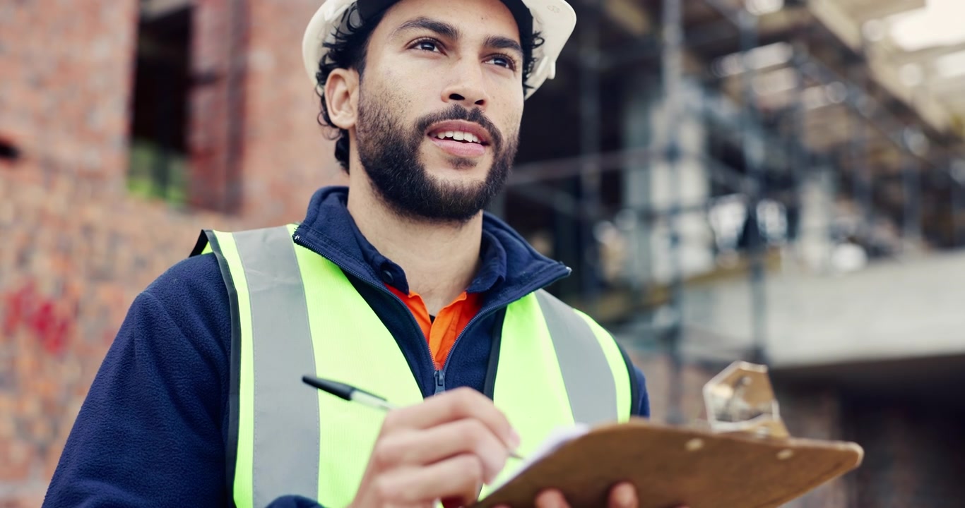 Direttore del cantiere che scrive su una lavagna con fermaglio nel cantiere edile