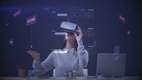 Animation-of-woman-wearing-vr-headset-touching-virtual-screen-with-3d-model-spinning