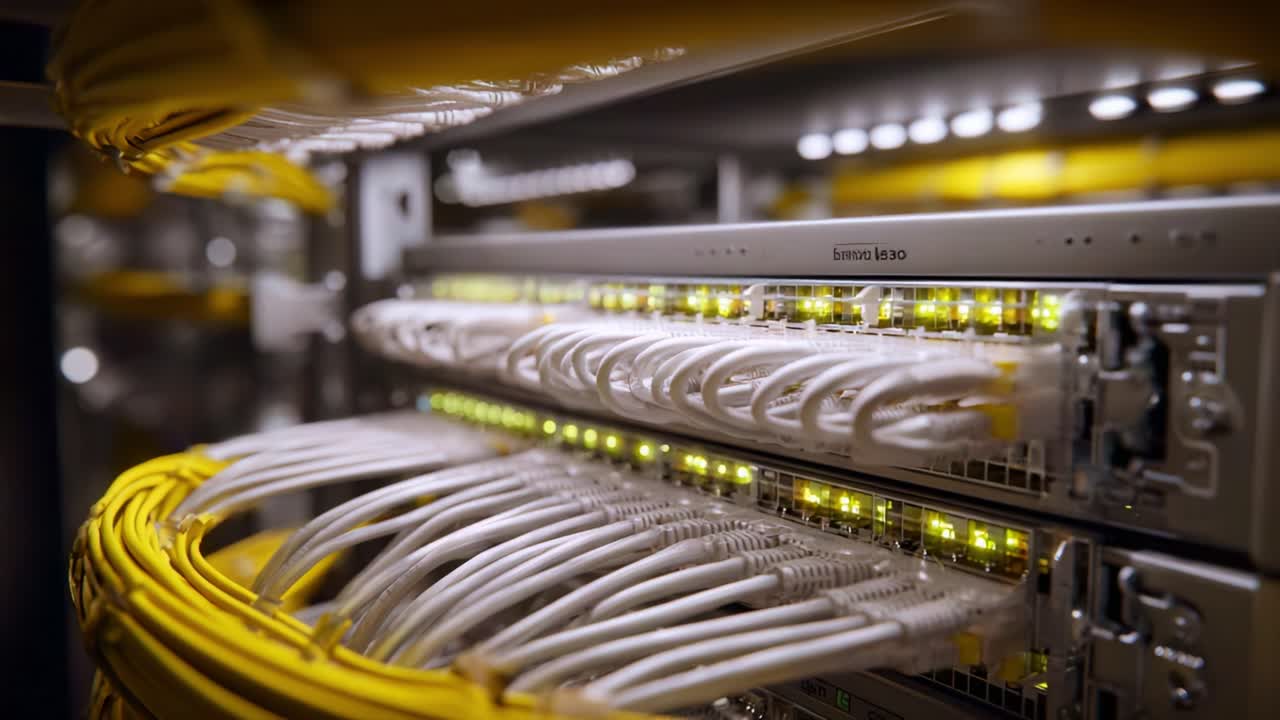 Network Infrastructure: A Close-Up View of Organized Cable Management and Active Connections in a Server Rack with Fiber Optic and Ethernet Cables