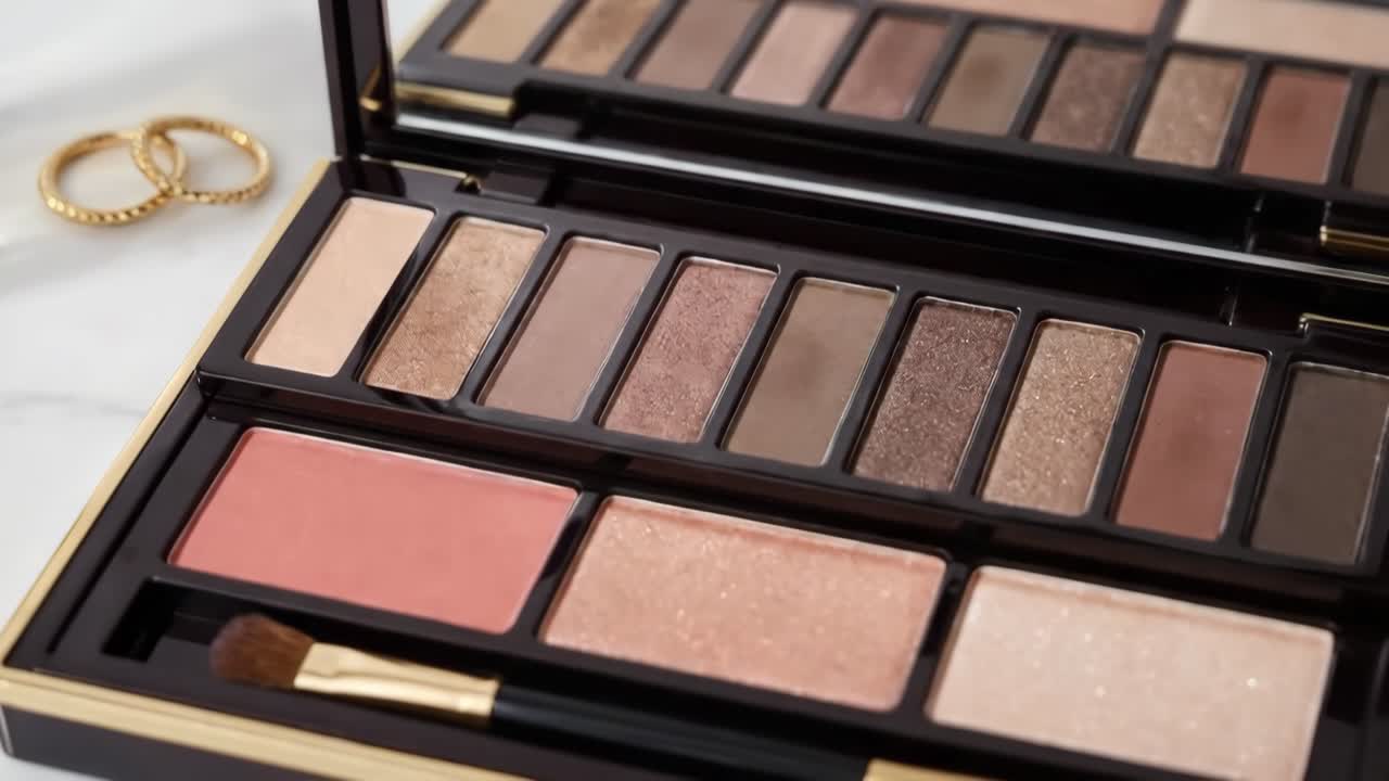 Glitrende makeuppalet med øjenskygger og rouge på marmor
