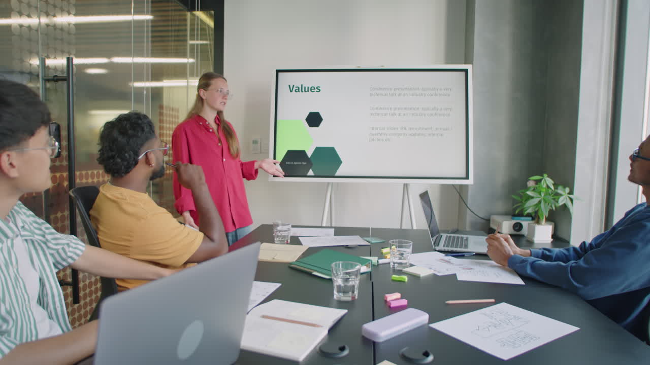 Girl Giving Presentation on Digital Screen at Business Meeting