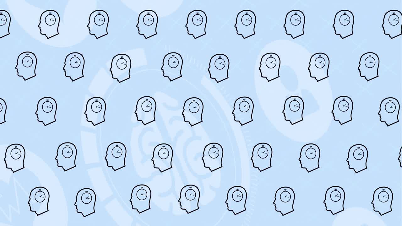 Animation of head with clock icons over medical icons