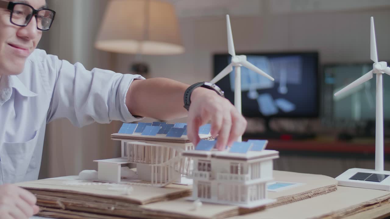 de cerca del hombre asiático siendo feliz tener éxito en la construcción de un modelo de casa pequeña con panel solar