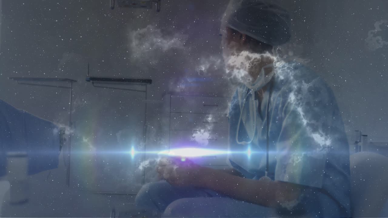 animación del espacio sobre una enfermera caucásica triste en el hospital