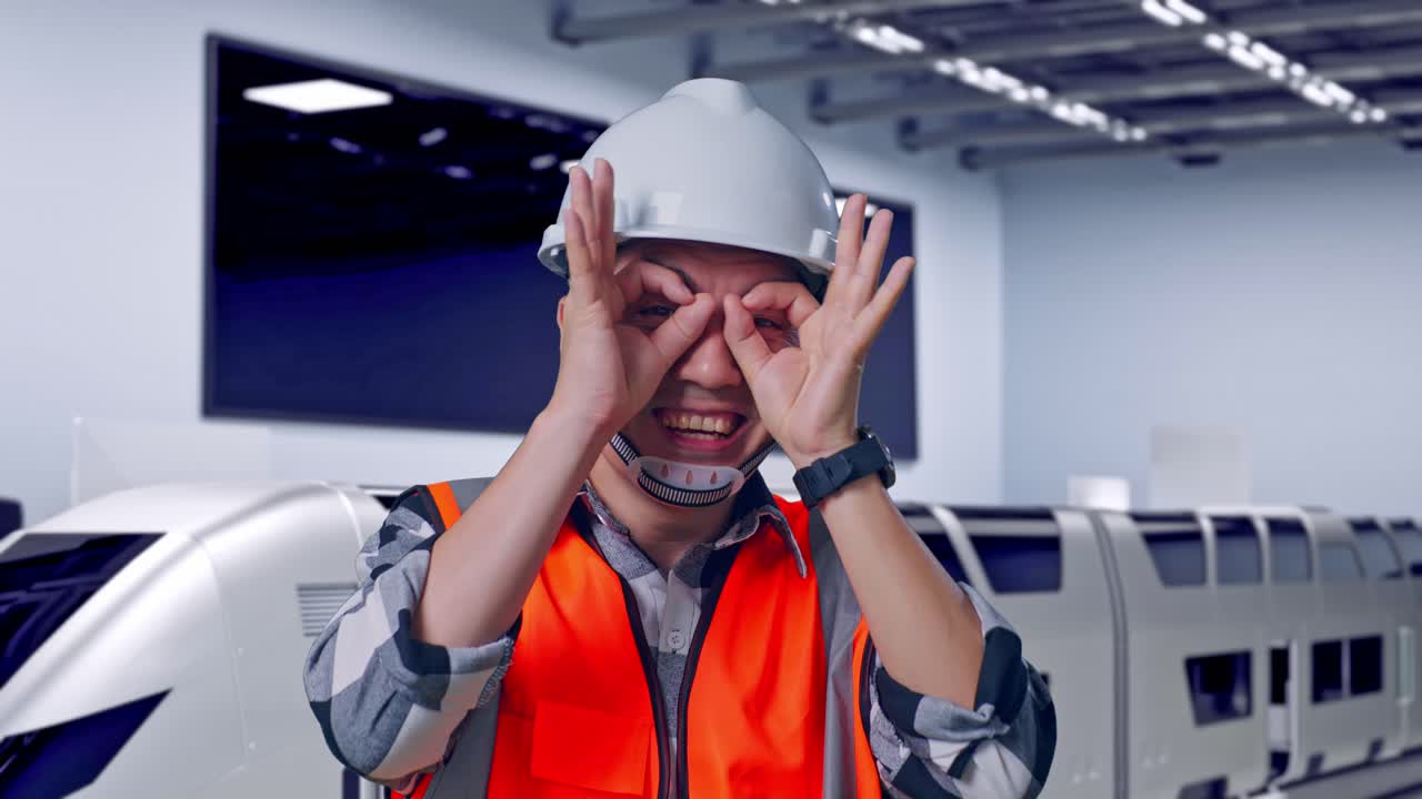 Close Up Insinyur Pria Asia dengan Helm Keselamatan Menunjukkan Tanda Tangan OK di Atas Mata dan Tersenyum ke Kamera Sambil Berdiri, Kereta Api Berkecepatan Tinggi Futuristik di Fasilitas Pengujian Modern