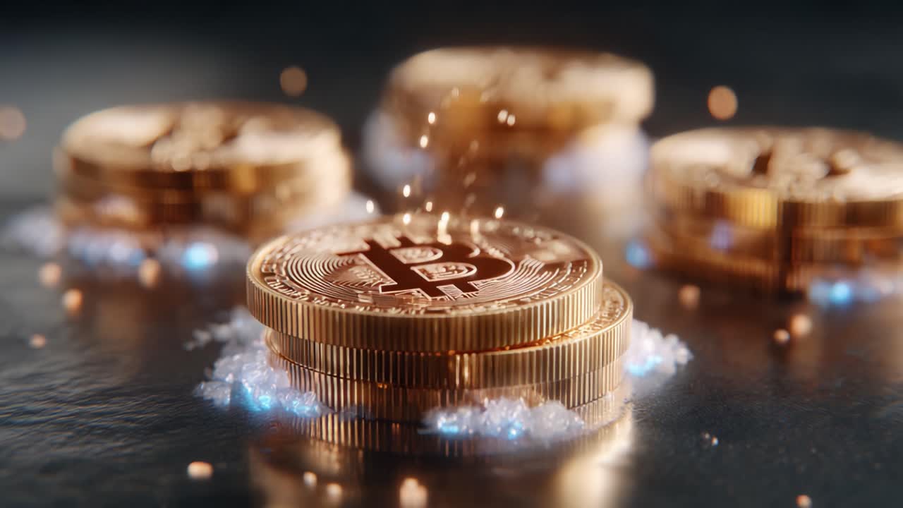 Stunning Close-Up of Digital Currency Coins Shimmering with Glowing Effects on a Reflective Surface, Capturing the Essence of Cryptocurrency Investment