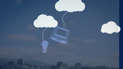 animation of clouds and digital devices icons with data processing over city