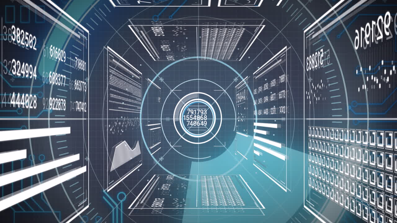 Animation of round scanner over interface with data processing against blue background