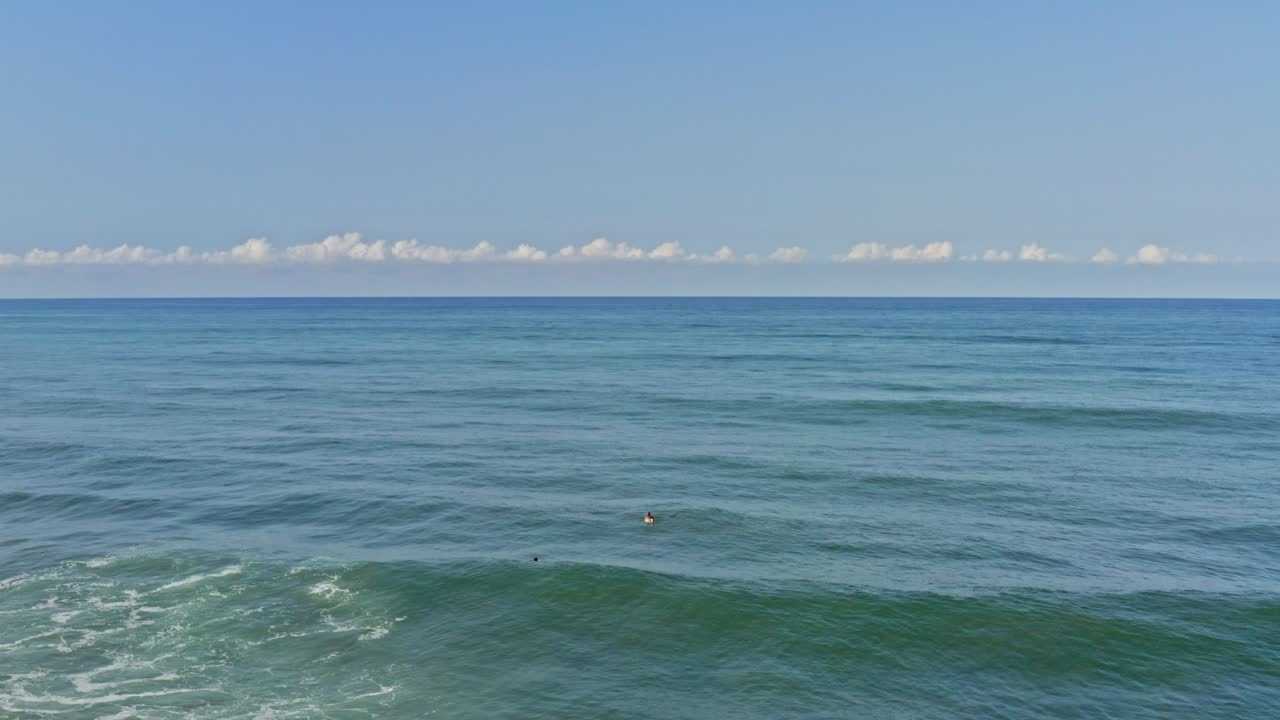 공중: 파도 위를 노를 젓고 앉아 바다를 관찰하는 서퍼들