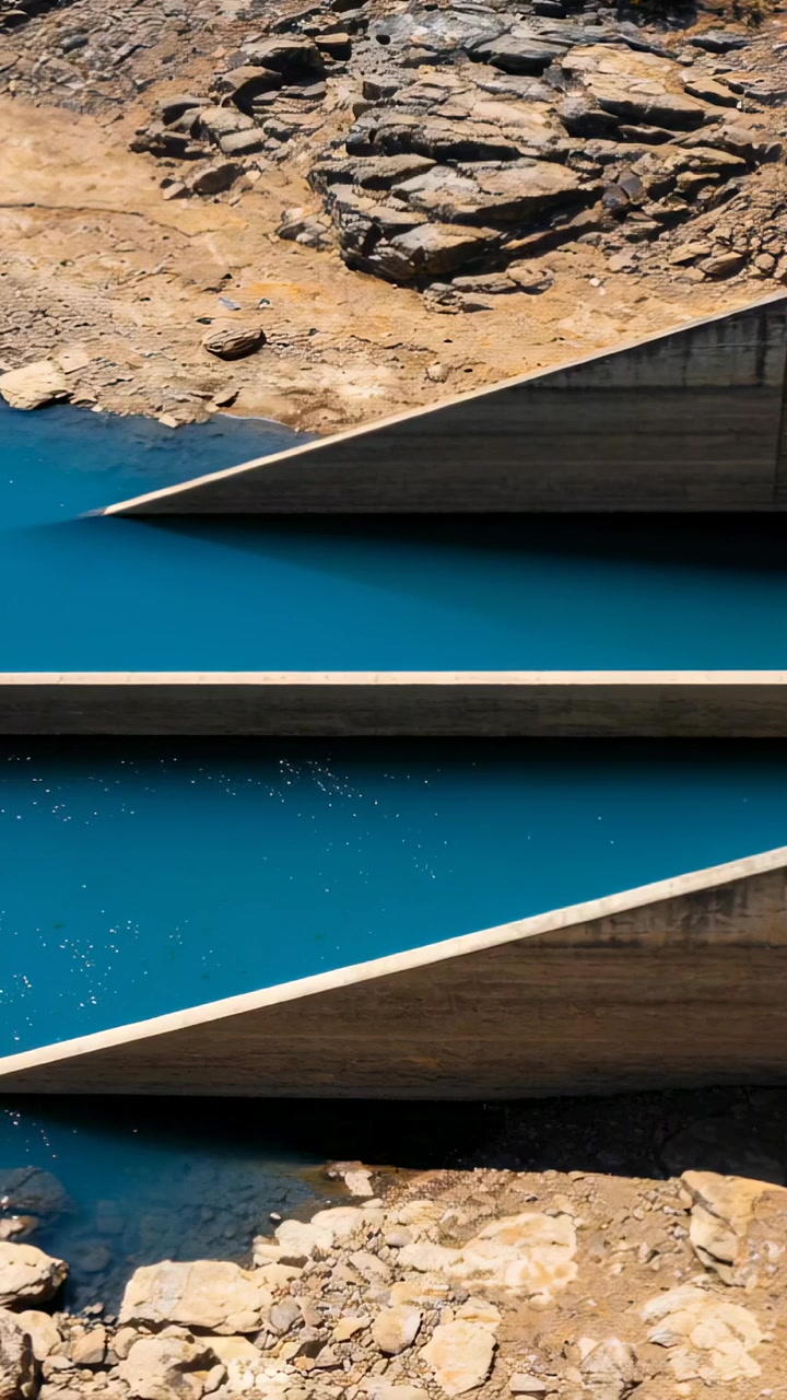 Vertical video: Sunlight casting concrete dam and teal water showing low bank at dam, buttresses
