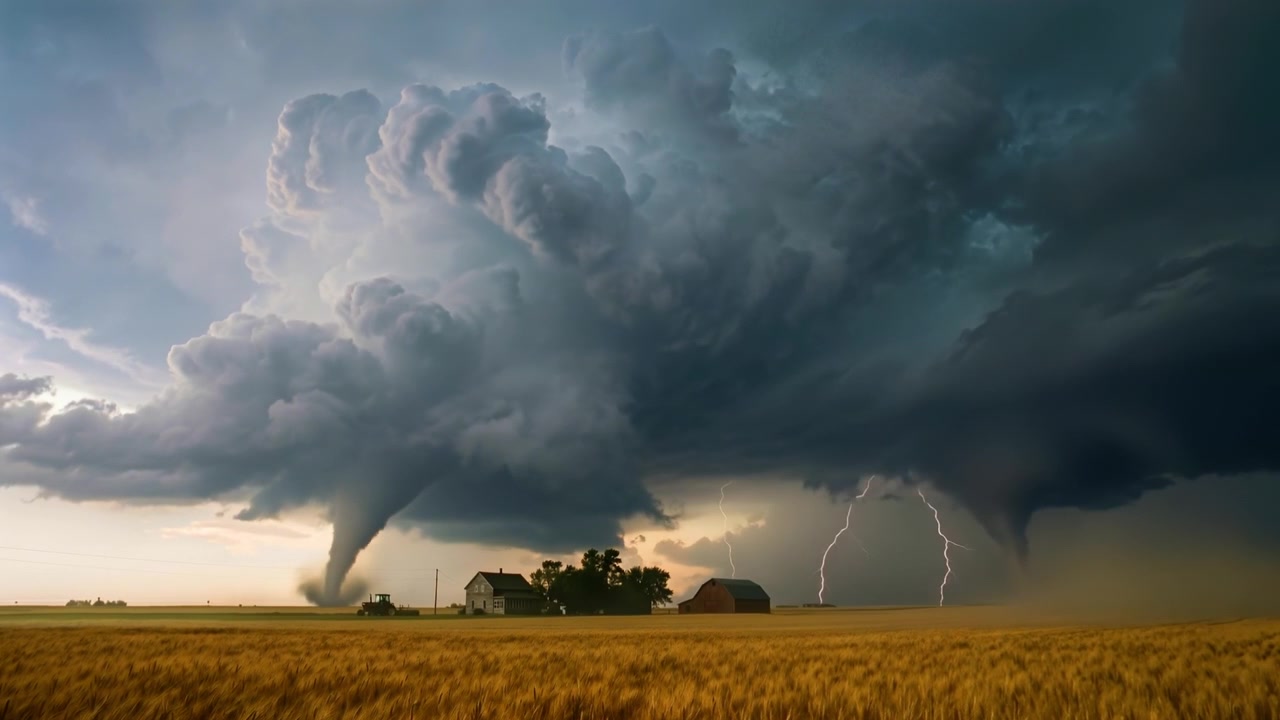 Stor tornado-tragtsky rammer jorden på en gylden hvedemark under et voldsomt tordenvejr.
